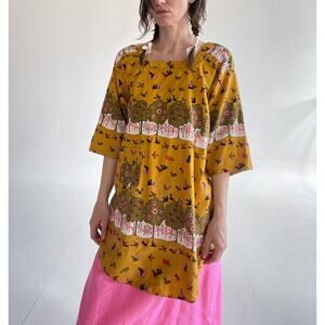 Vtg 60s Design House Patterned Landscape Birds Open Back Smock Top Groovy